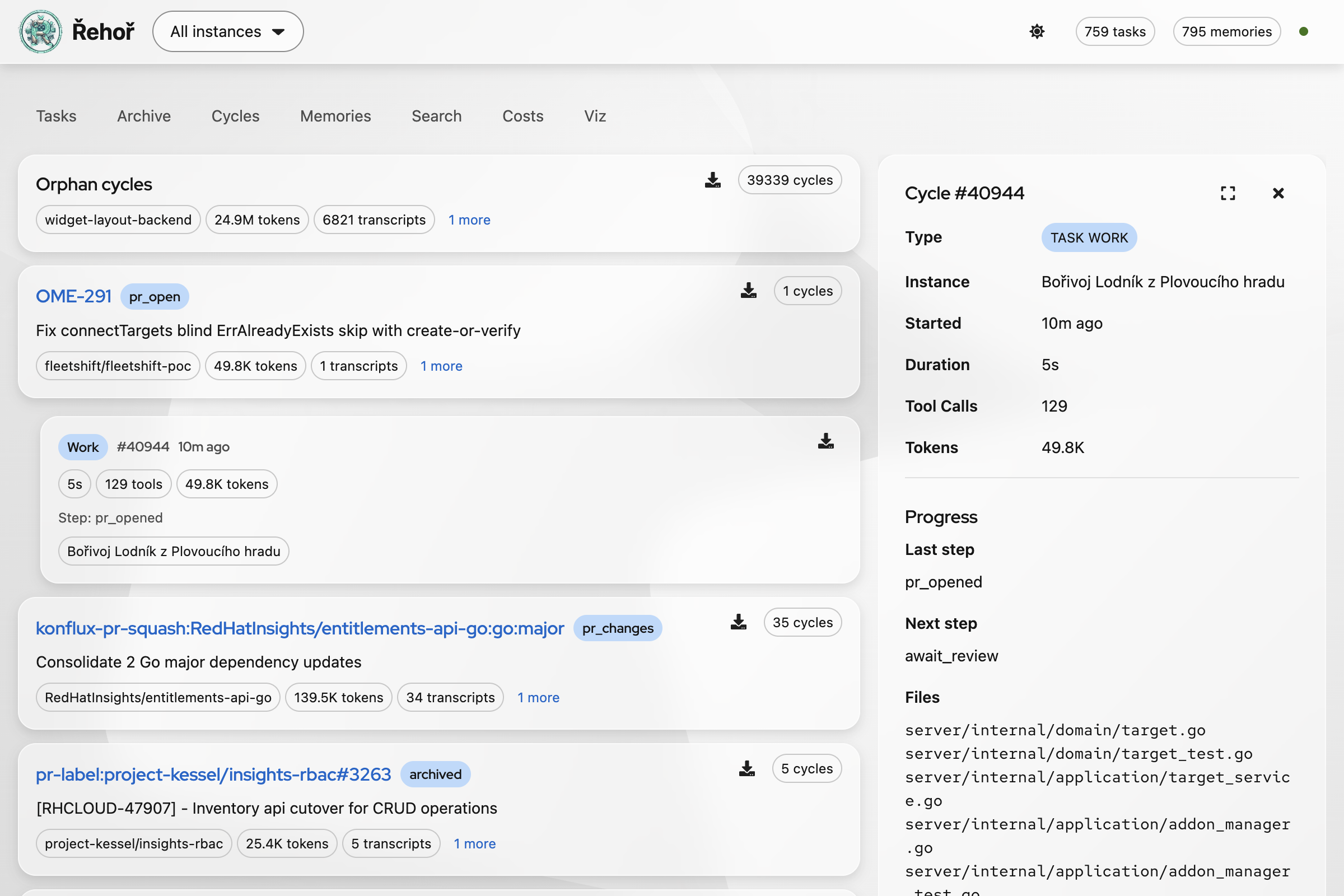 Cycle list showing grouped runs and transcript counts