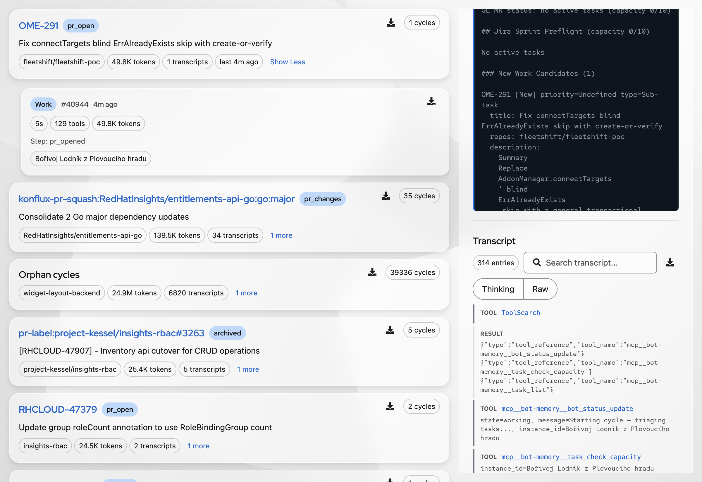 Cycle transcript loaded directly in dashboard, light theme